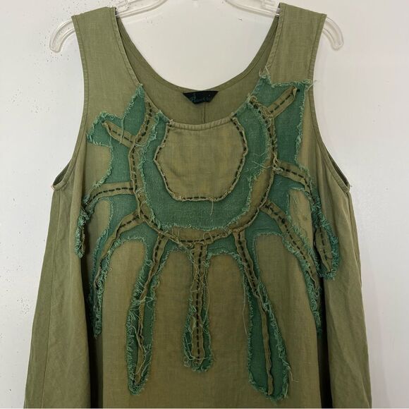 Peacock Ways Linen Tunic Medium Collage Patches Lagenlook Sleeveless Top Boho - Picture 4 of 8